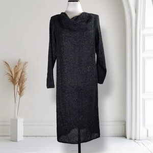 Vintage Warren Z Black Sparkle Knit Cowl Neck Midi Dress Size S 80s 90s Pullover